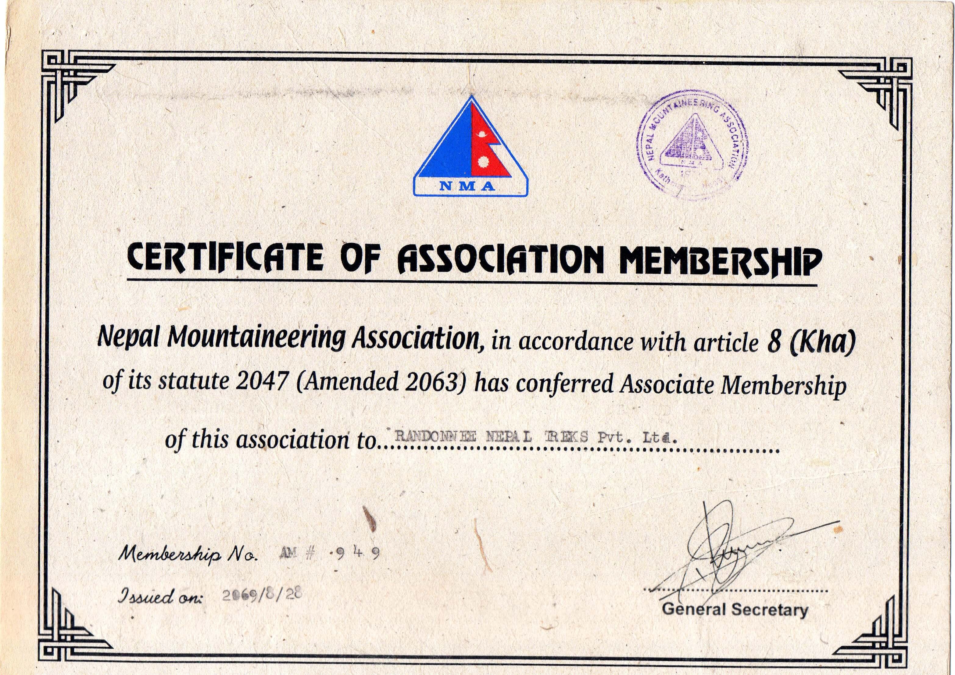 Membership Certificate of Association